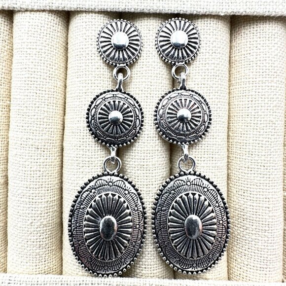Western Concho Style Silver Tone Chandelier Pierced Earrings 3 Inch - Picture 3 of 4